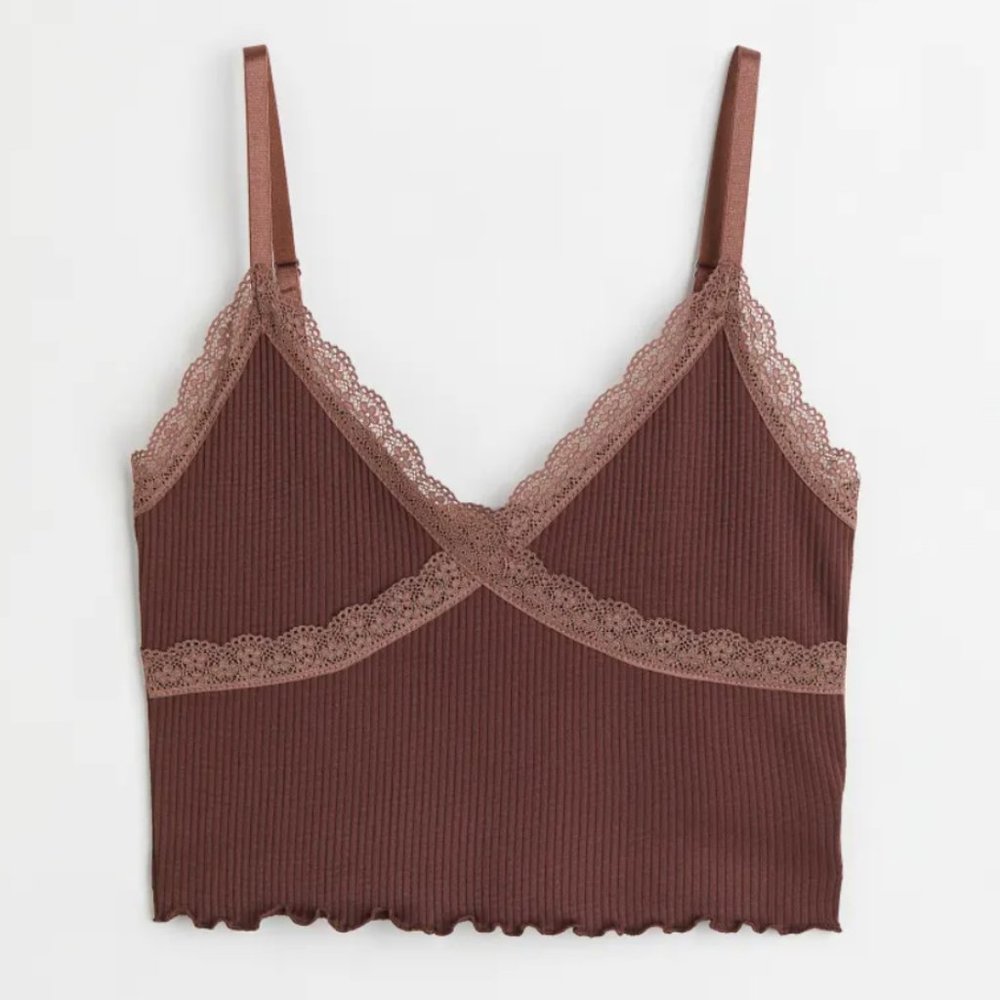 NWT H&M Ribbed Lace Trim Top Size L